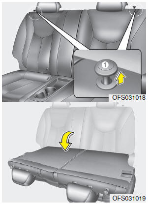 4. Pull the lock release lever (1) and fold the rear seatback forward and down