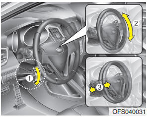 To change the steering wheel angle, pull down the lock release lever (1), adjust