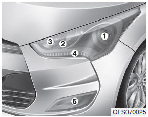 (1) Headlight (Low) (2) Headlight (High) (3) Front turn signal light (4)