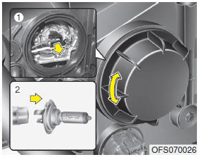 1. Open the hood. 2. Remove the headlight bulb cover by turning it counterclockwise.